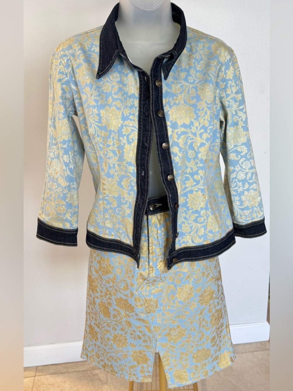 AUTHENTIC Just Cavalli Set Light Blue & Gold Floral Design with Denim Trim